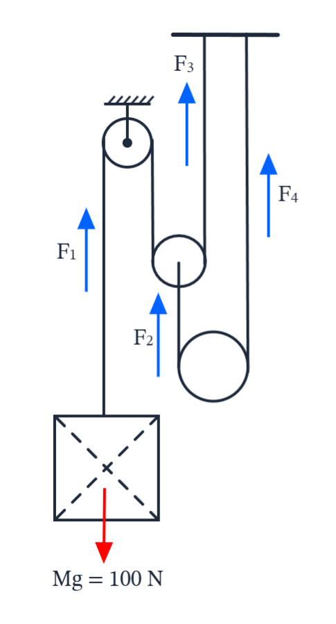 Free body diagram of pulley system showing forces, moments, and supports